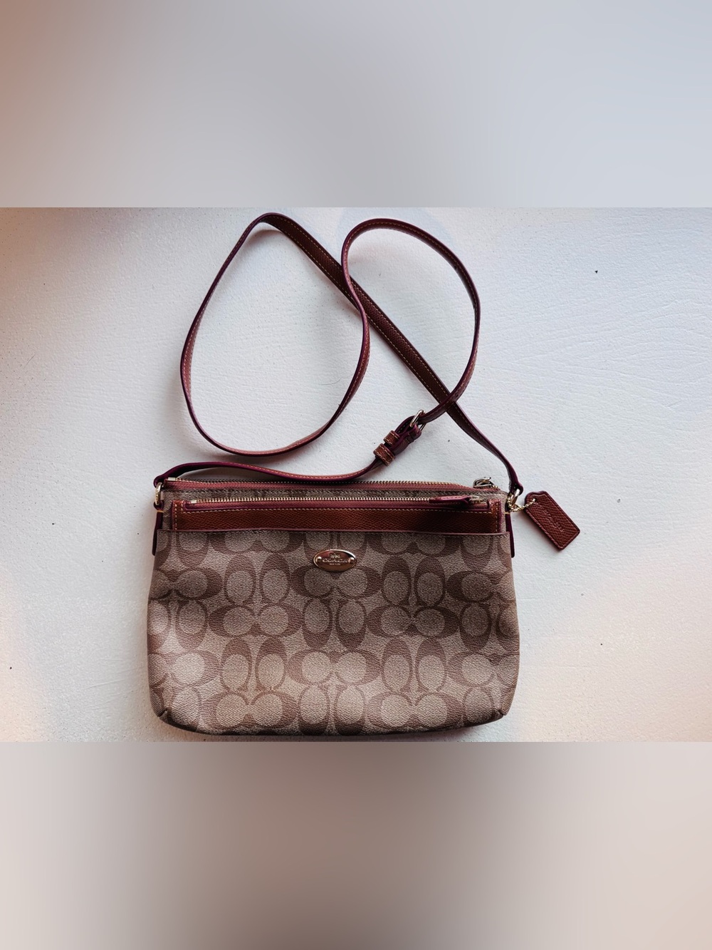 Coach Beige Signature Crossbody with Burgundy Trim